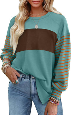 Pullover Crew Neck Casual Striped Contrast Long Sleeve T-Shirt Women