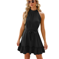 Spring and summer new solid color round neck neck lace-up dress for women