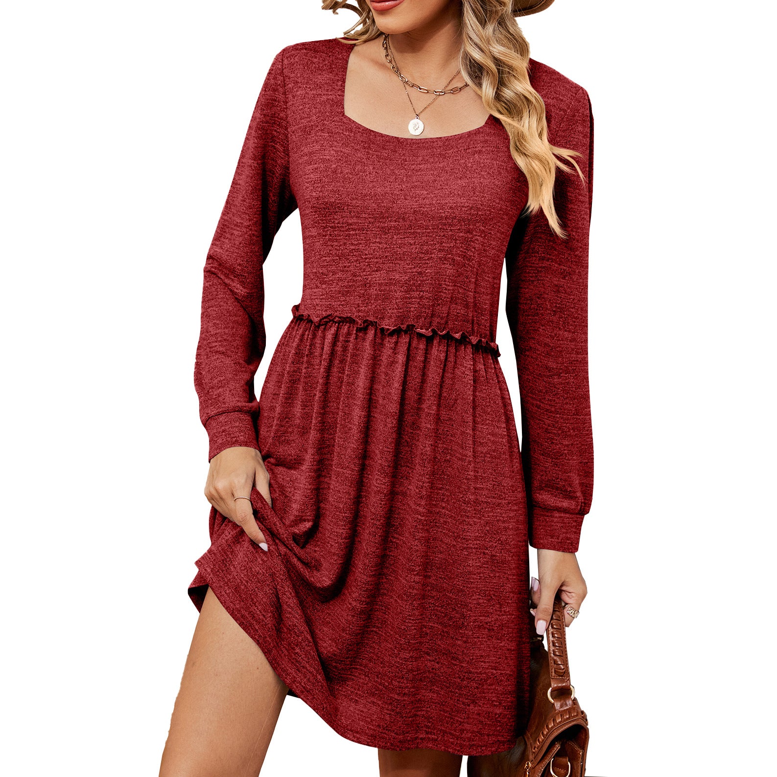 New solid color square neck long sleeve waist loose dress women