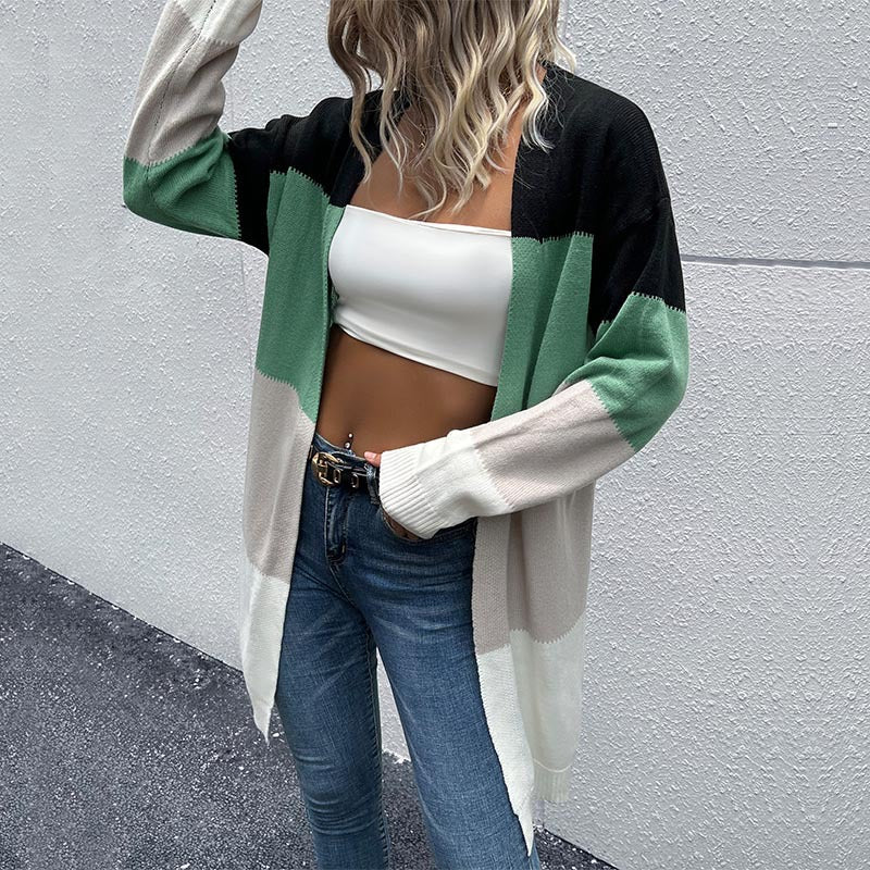 Fashion women's clothing long-sleeved color matching sweater cardigan jacket