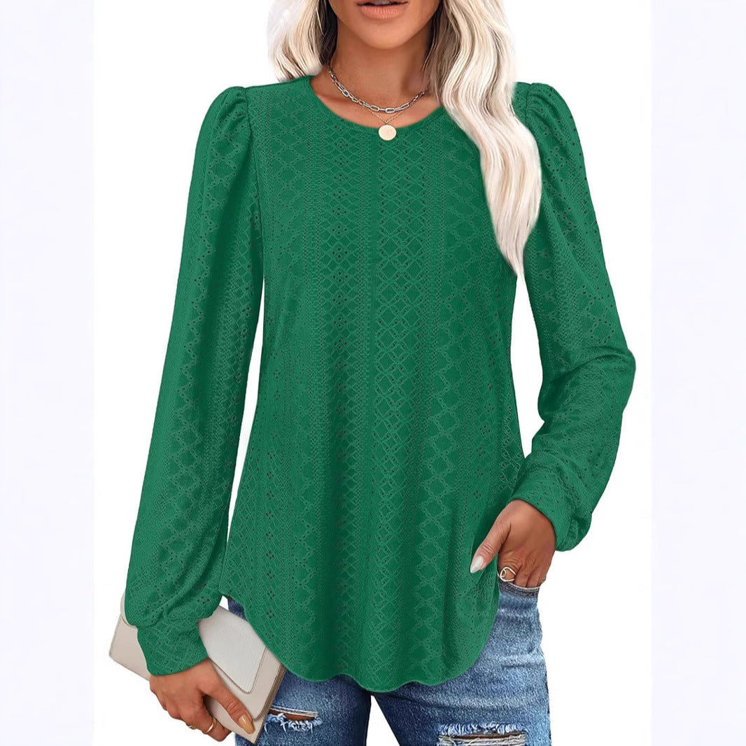 New Women's Crew Neck Loose Casual Lantern Sleeve Solid Color Long Sleeve T-Shirt