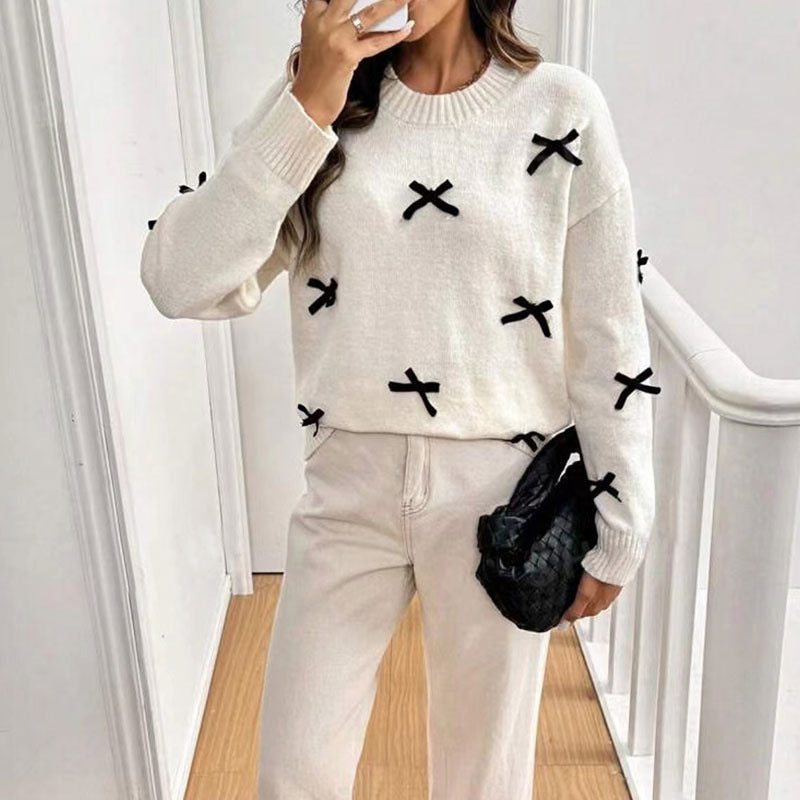 New sweater women's loose round neck bow long sleeve pullover knitted top