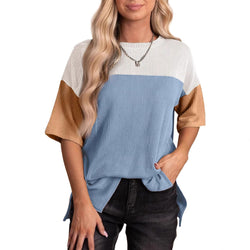 New round neck three-color splicing short sleeve loose split T-shirt women