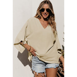 Loose V-neck jumper women's new solid color texture shoulder-length seven-quarter sleeve T-shirt women