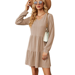 Solid color V-neck splicing long-sleeved loose dress A-shaped skirt