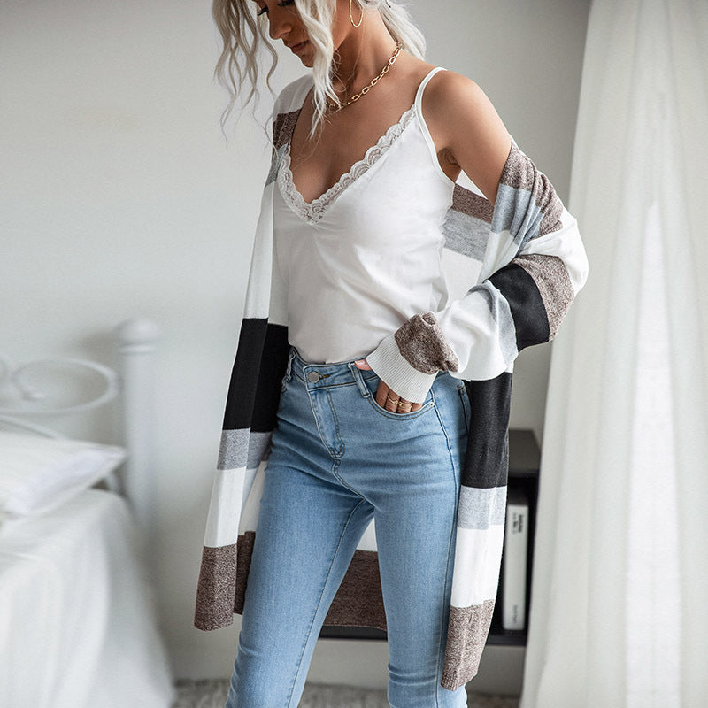 Thin color matching striped sweater casual home cardigan