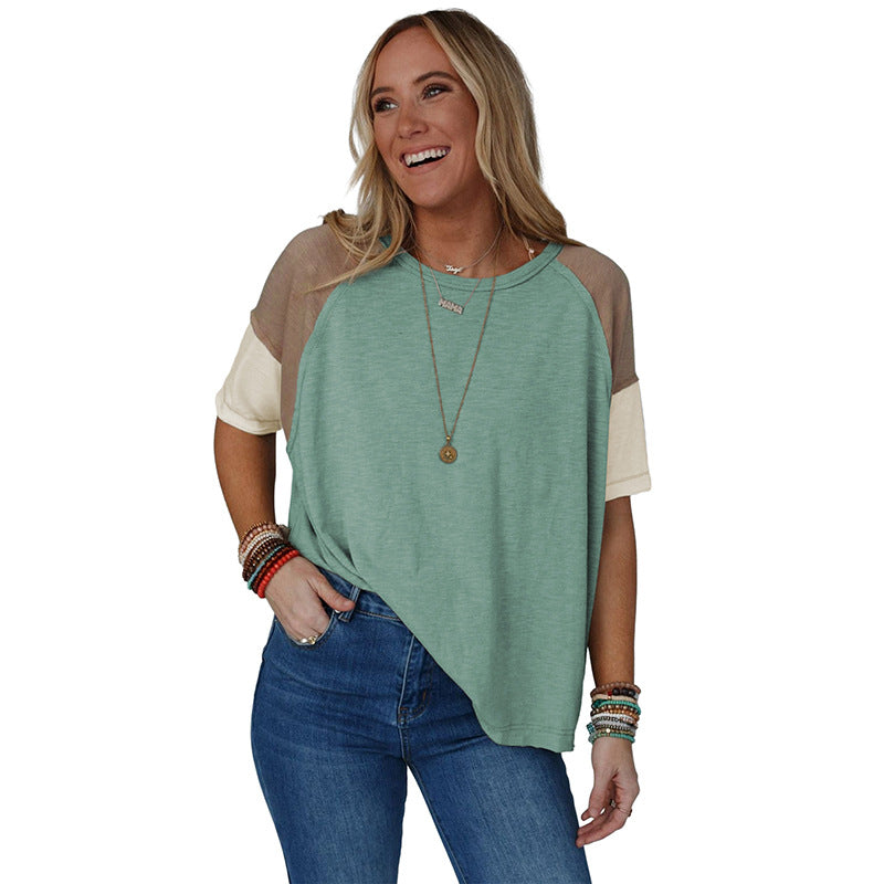 Versatile short-sleeved T-shirt personalized contrasting color splicing jumper top