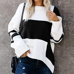 New striped retro street hipster sweater contrasting color splicing crew neck pullover knitted sweater