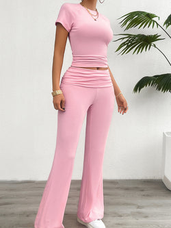 Spring and summer casual solid color slim-fit short-sleeved trousers two-piece set