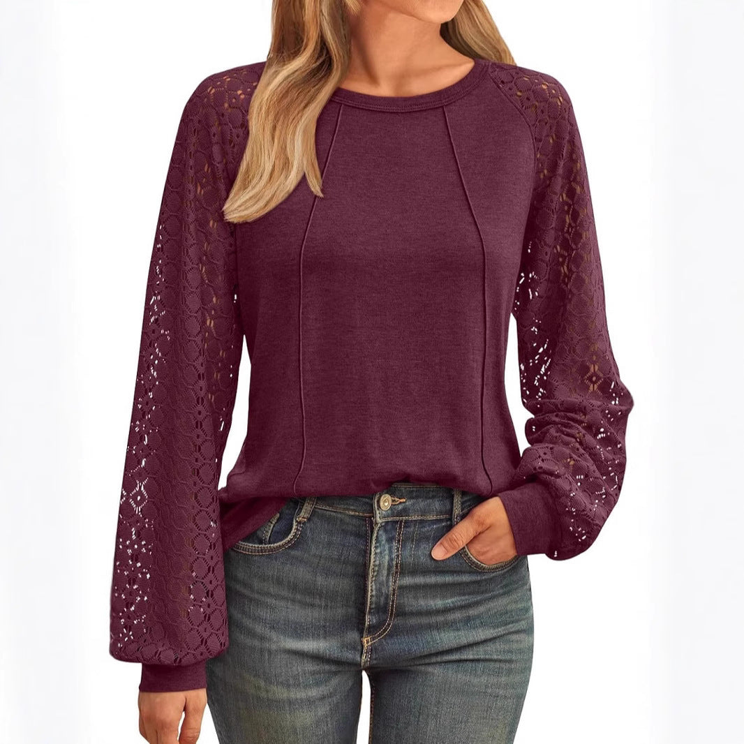 New Women's Loose Fashion Lace Splicing Crew Neck Long Sleeve T-Shirt Women