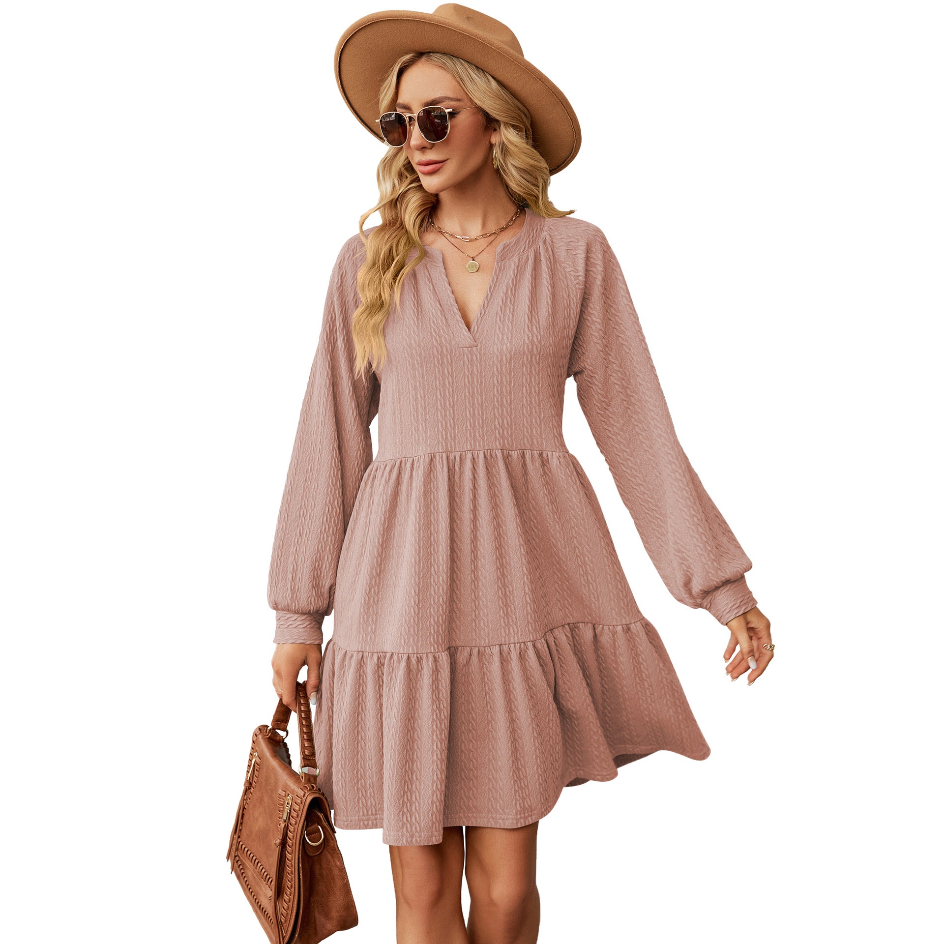 New solid color V-neck loose pleated splicing long-sleeved dress