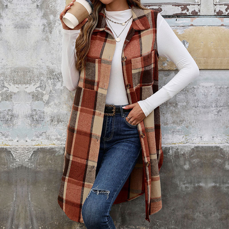 Retro medium and long cross-border plaid vest