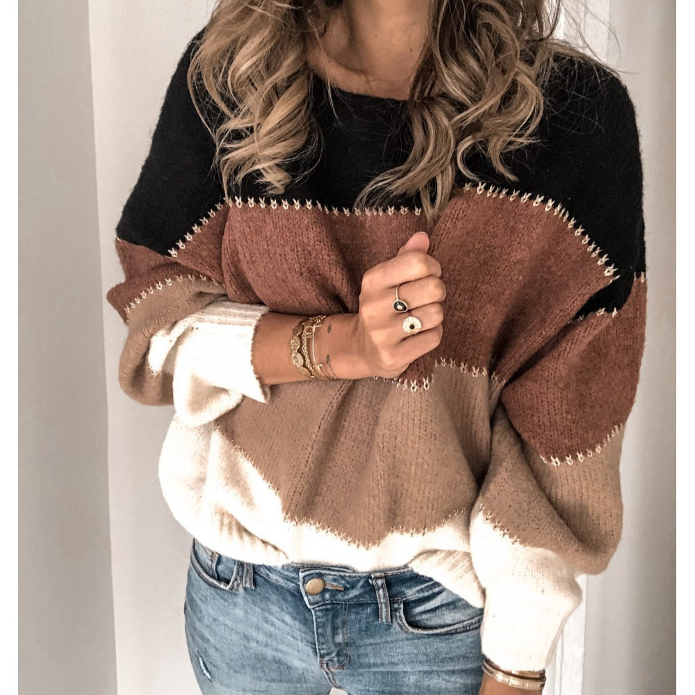 Pullover bottom knitted sweater top, casual contrasting color crew neck sweater women's autumn and winter