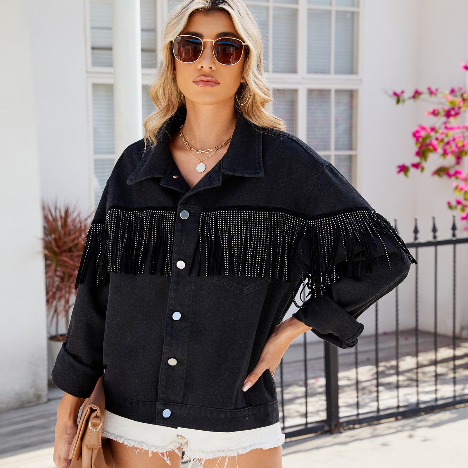 Washed rivet fringed black denim jacket