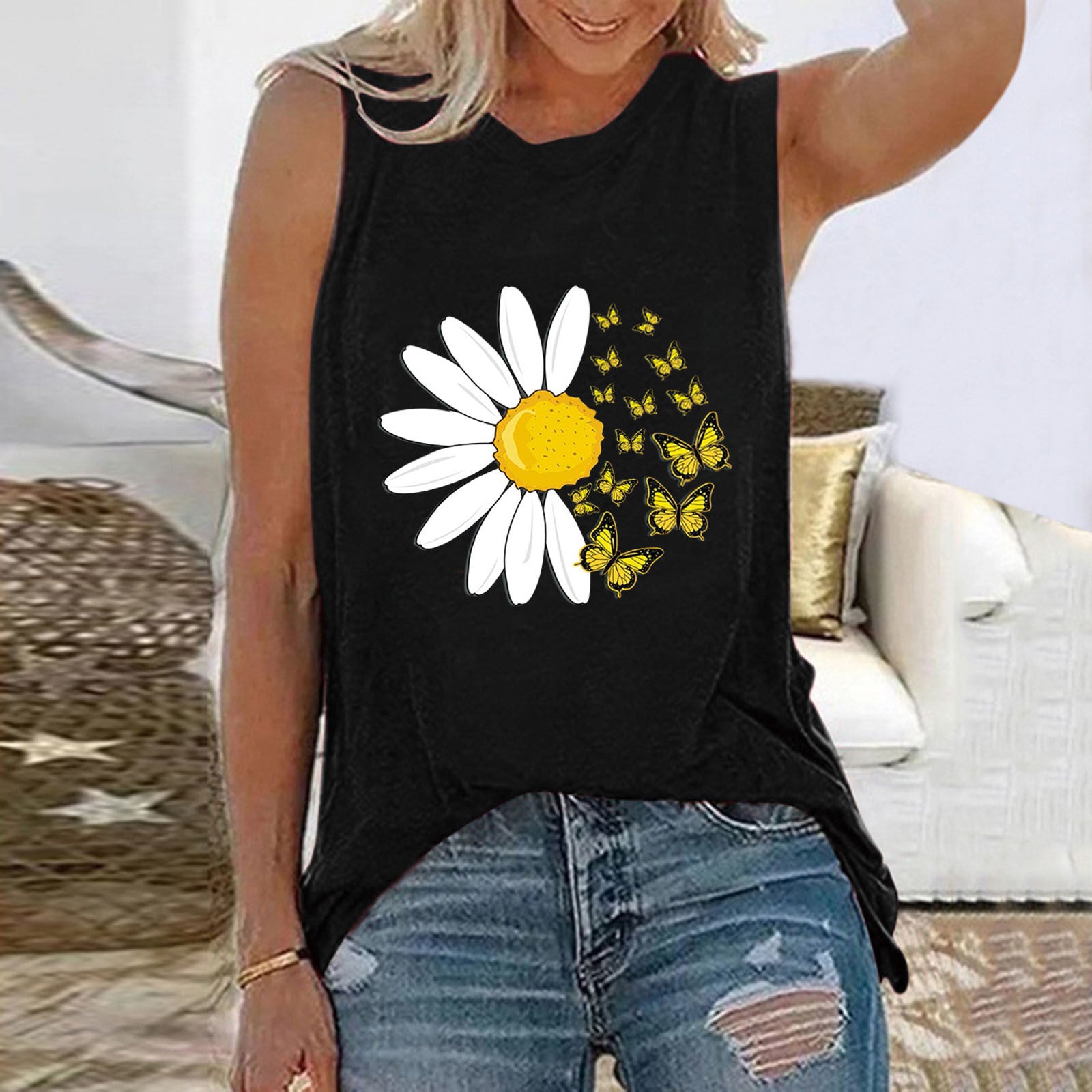 Butterfly Sunflower Women's Crew Neck Loose Top Sleeveless Vest