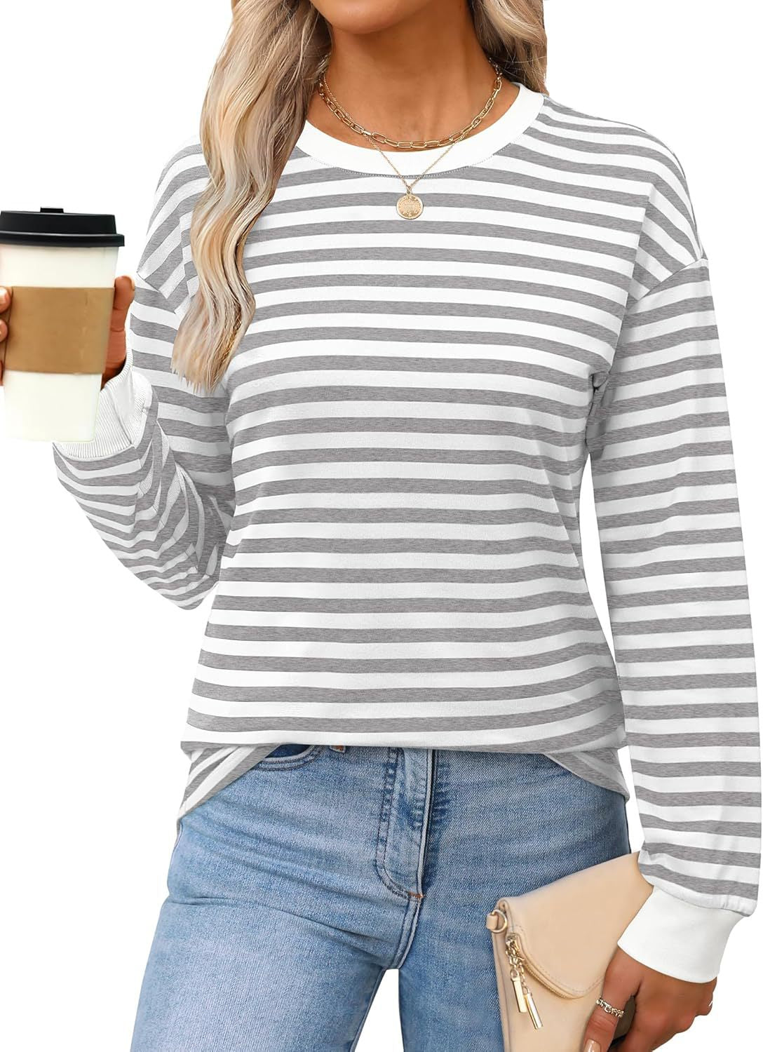 Fashion Women's Clothing Contrasting Stripes Loose Crew Neck Long Sleeve Women's T-Shirt