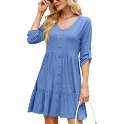 Spring and summer new solid color round neck button-down pleated middle-sleeved dress is in stock.