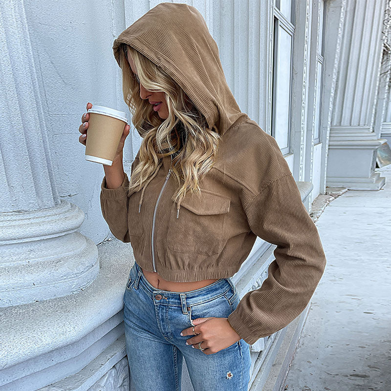 Short hoodie retro corduroy jacket women