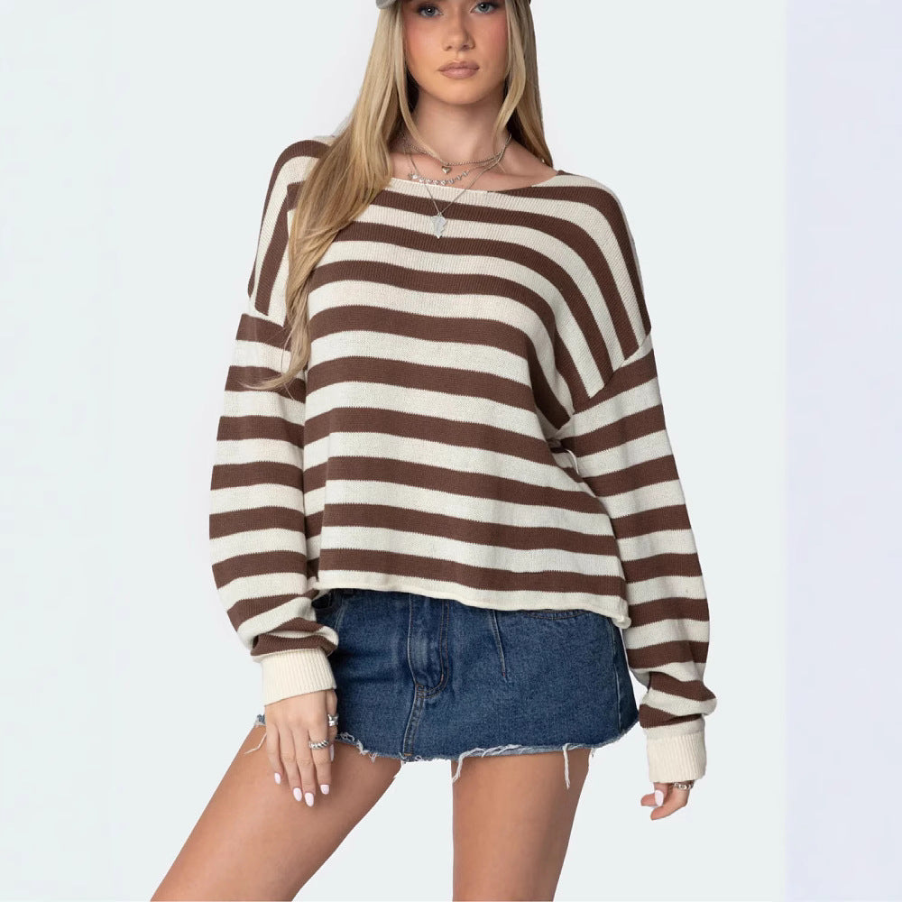 Knitted Top Women's Casual Loose Striped Long Sleeve Pullover Sweater Women