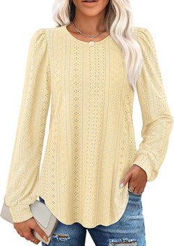 New Women's Crew Neck Loose Casual Lantern Sleeve Solid Color Long Sleeve T-Shirt