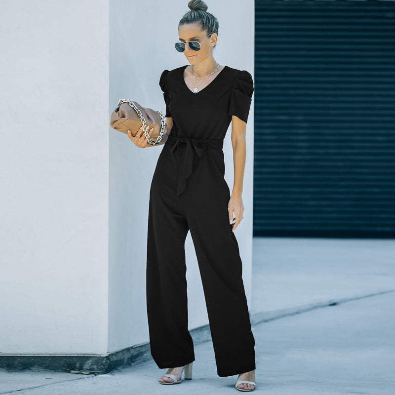 Short-sleeved jumpsuit women's 2022 new solid color casual waist flared pants trousers