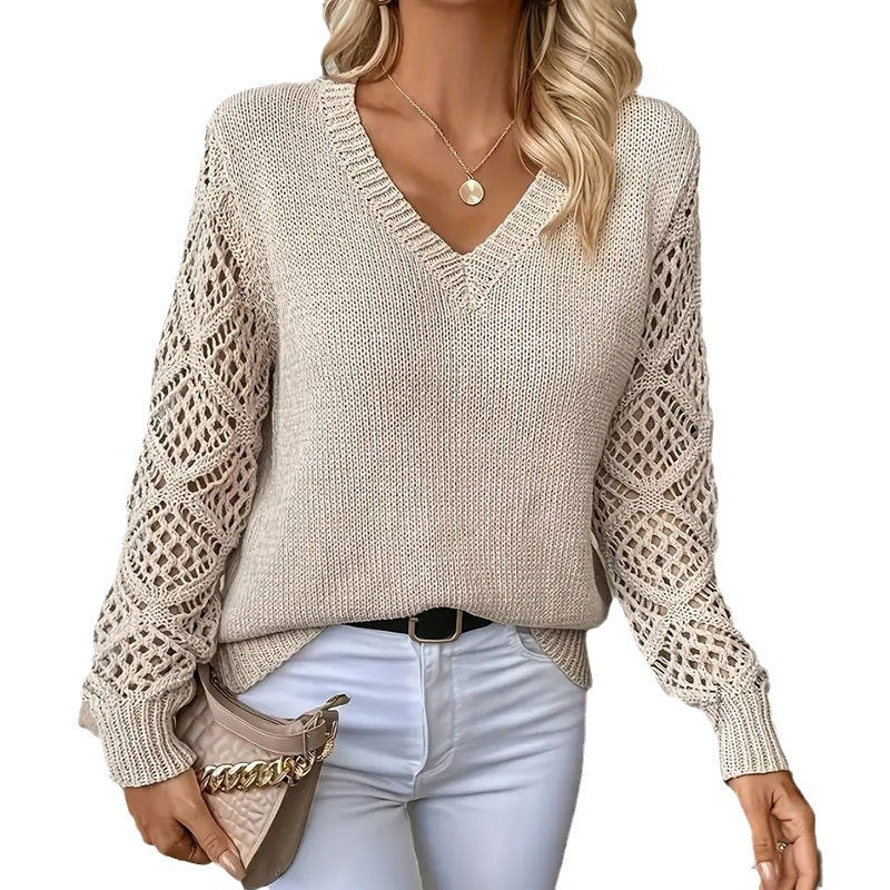 Sweater Women's Knitted Sweater Lazy Wind Hollow Long Sleeve V-Neck Pullover Versatile Top