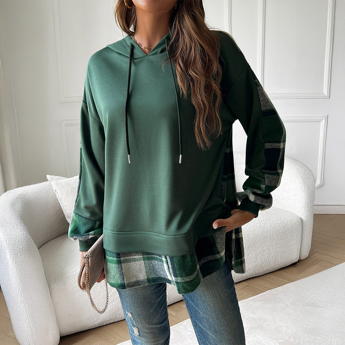 Contrasting color casual fake two-piece splicing hooded long-sleeved sweater women's clothing