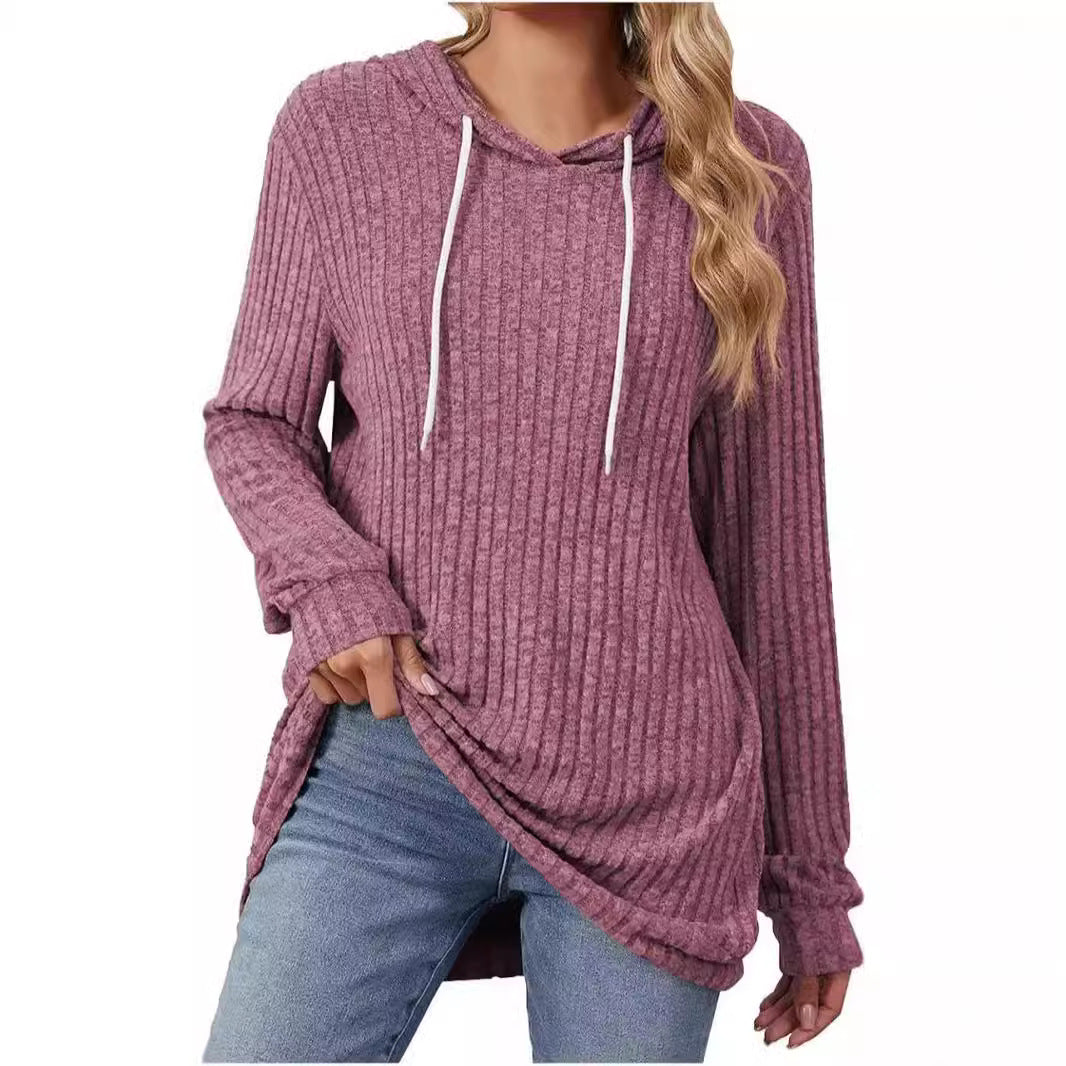 New solid color long-sleeved loose hooded knitted sweater jacket for women