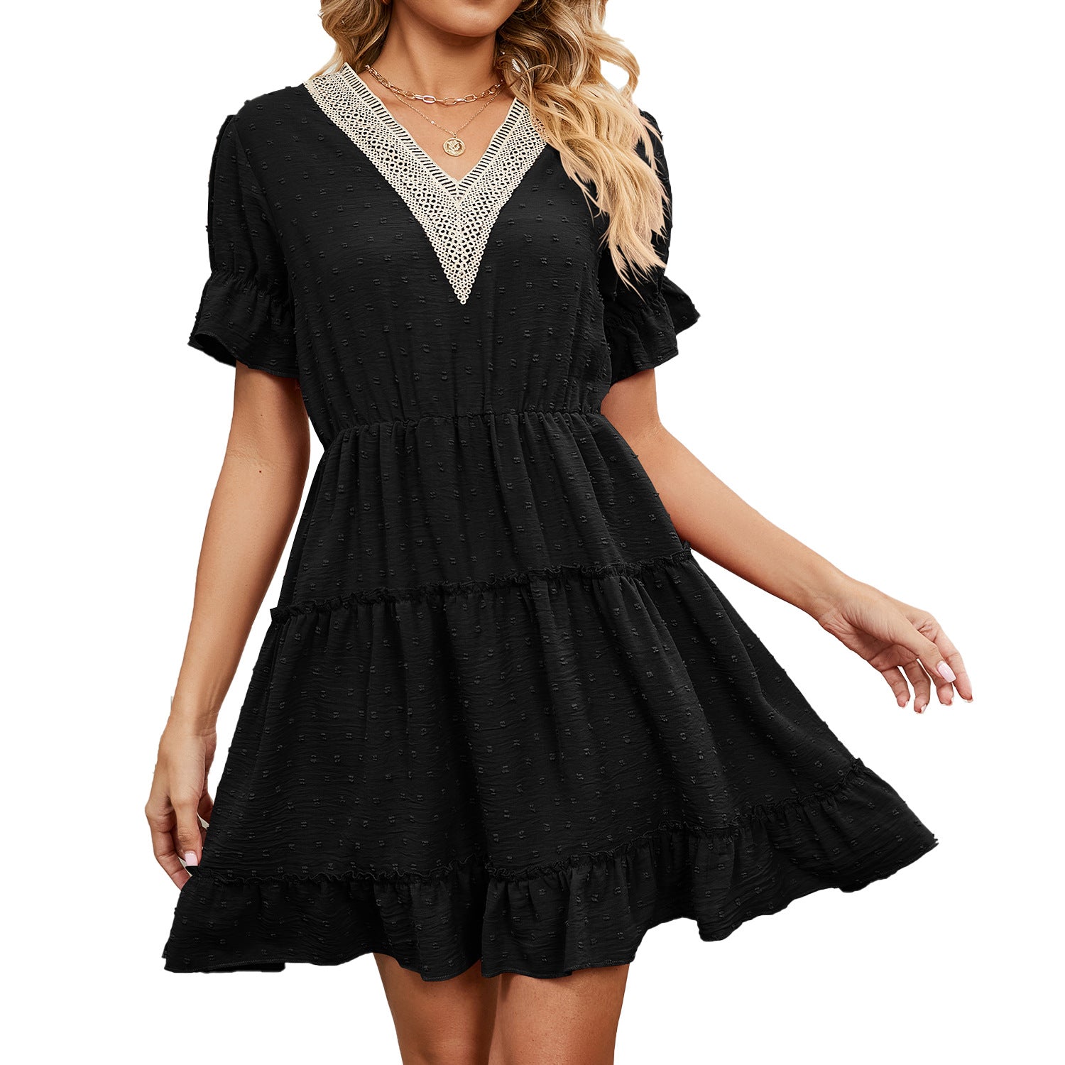 Summer jacquard hairball V-neck loose solid color elastic waist dress women