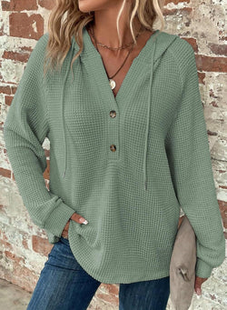 Waffle Knitted Drawstring Button V-Neck Long Sleeve Pullover Casual Sports Sweater