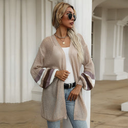 Medium and long contrasting color loose sweater knitted cardigan thin coat women