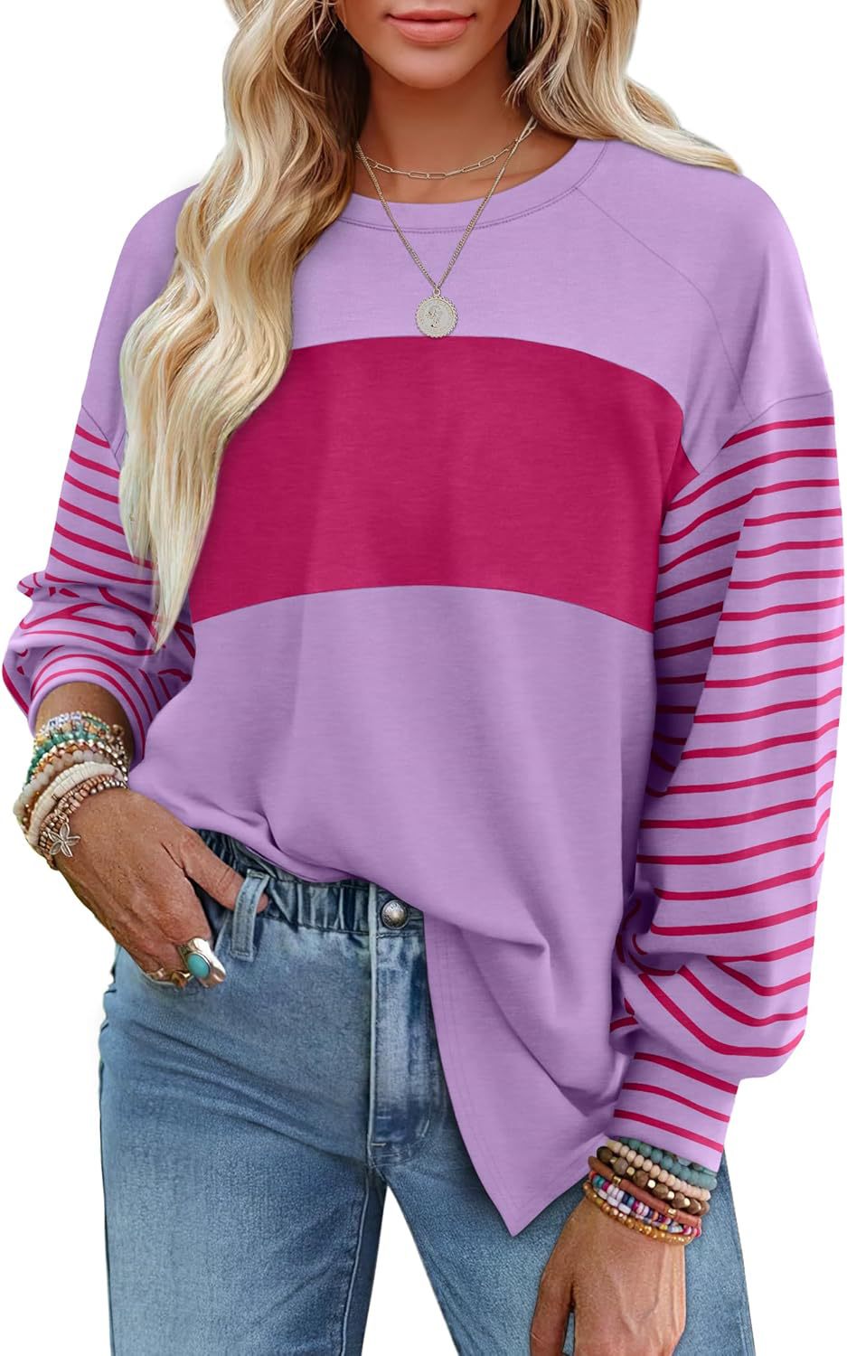 Pullover Crew Neck Casual Striped Contrast Long Sleeve T-Shirt Women