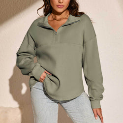 Splicing waffle semi-open neck zipper comfortable casual loose long-sleeved sweater