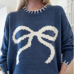 Lazy wind pullover knitted top bow jacquard loose outer sweater women