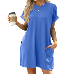 Spring and summer new solid color round neck pocket loose short-sleeved dress