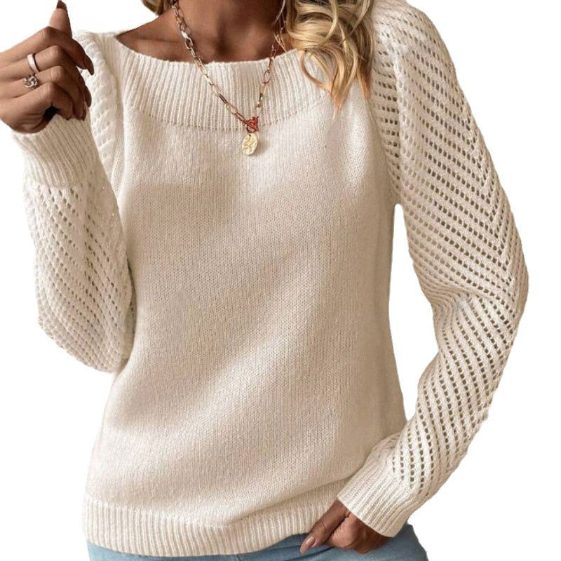 Sweater women's autumn and winter new solid color hollow long-sleeved one-word shoulder pullover knitted sweater top