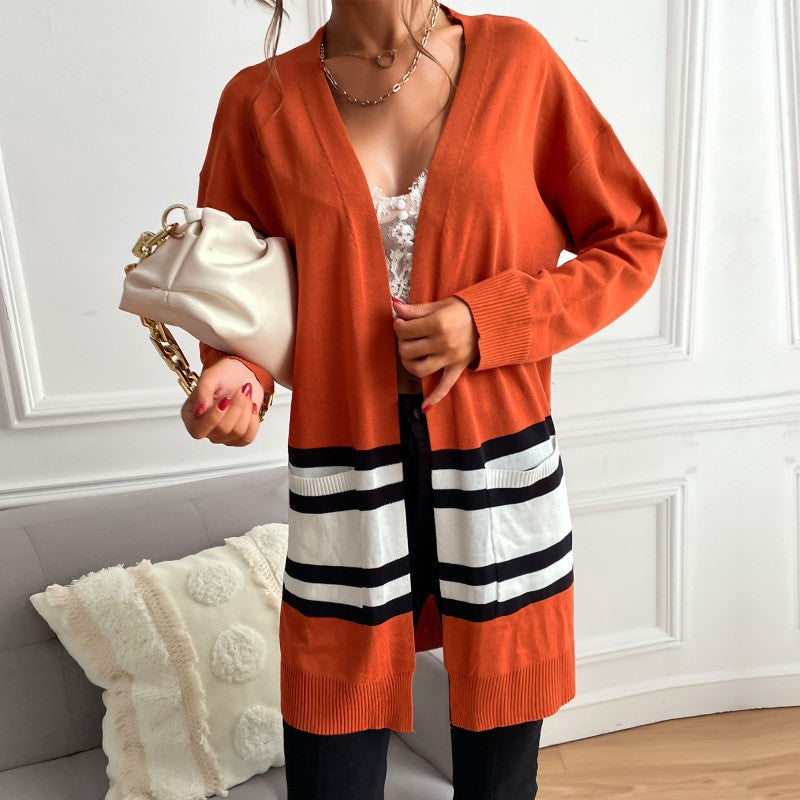 Striped contrasting knitted cardigan long-sleeved casual thin jacket