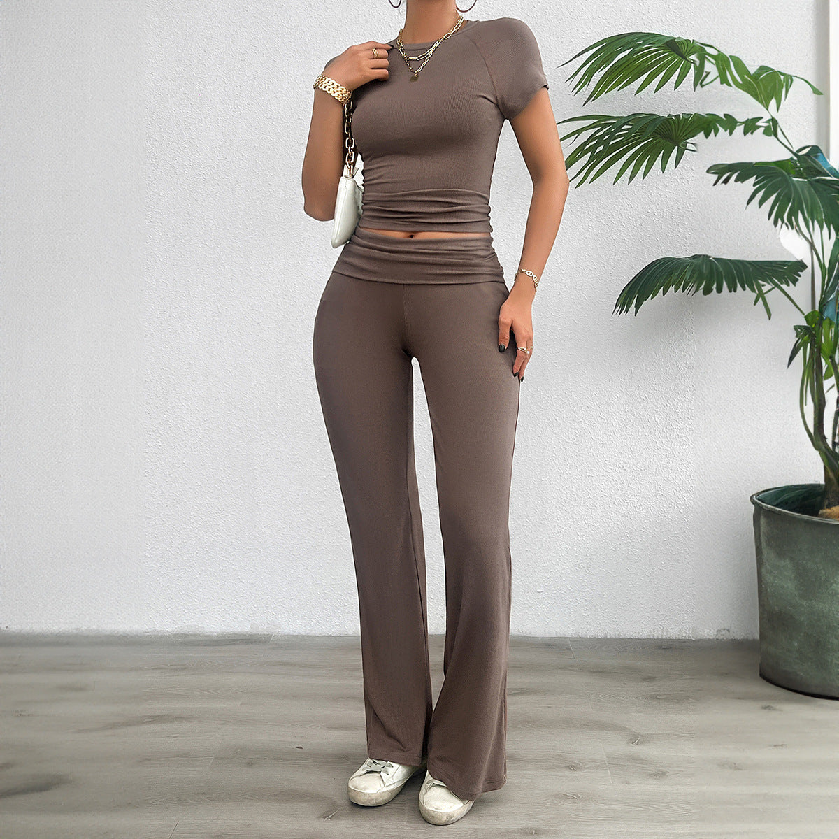 Spring and summer casual solid color slim-fit short-sleeved trousers two-piece set