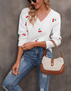 New loose casual knitted sweater cherry embroidered V-neck pullover sweater women