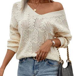 Fashion Women's Sweater Lace-up Back Hollow V-Neck Versatile Top Knitted Sweater