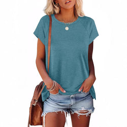 Crew neck shoulder sleeves solid color loose short sleeves basic T-shirt women