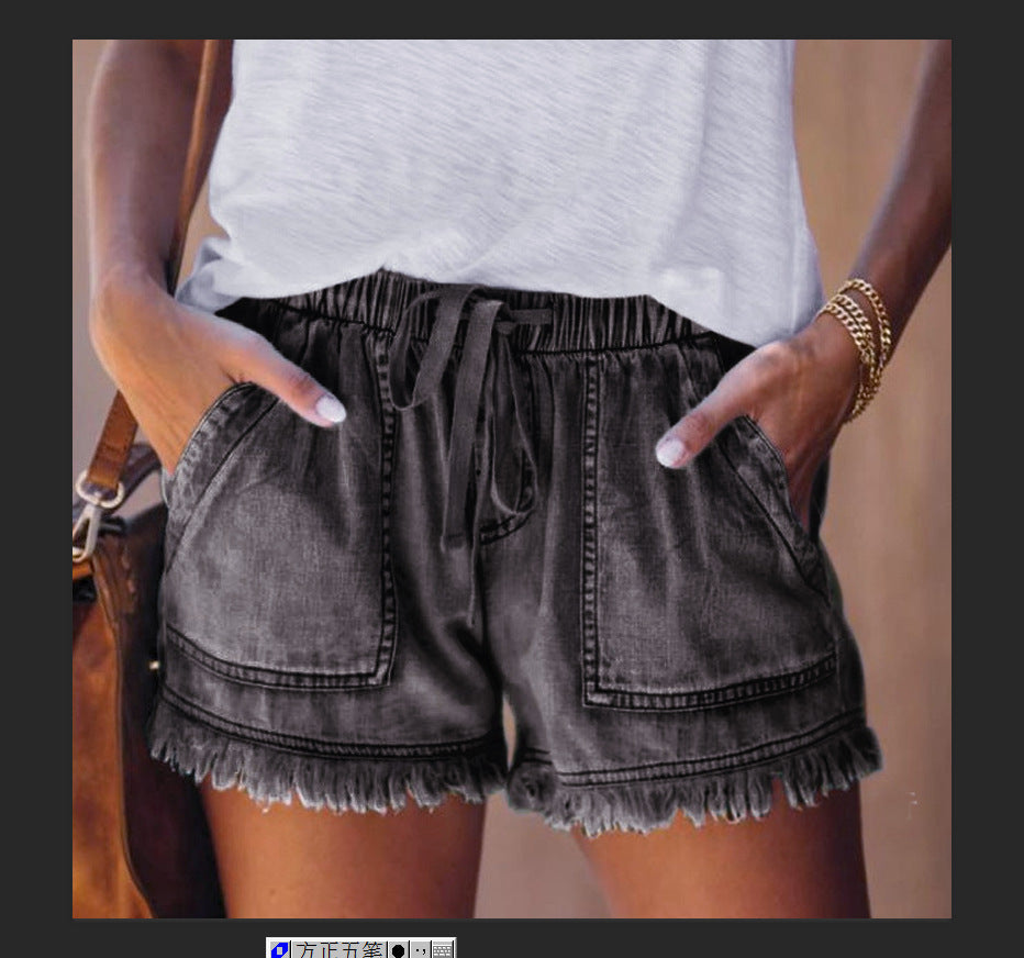 Elastic waist drawstring casual high waist thin denim shorts women