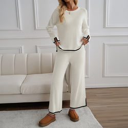 Temperament Casual solid color knitted long-sleeved sweater pants set two-piece set