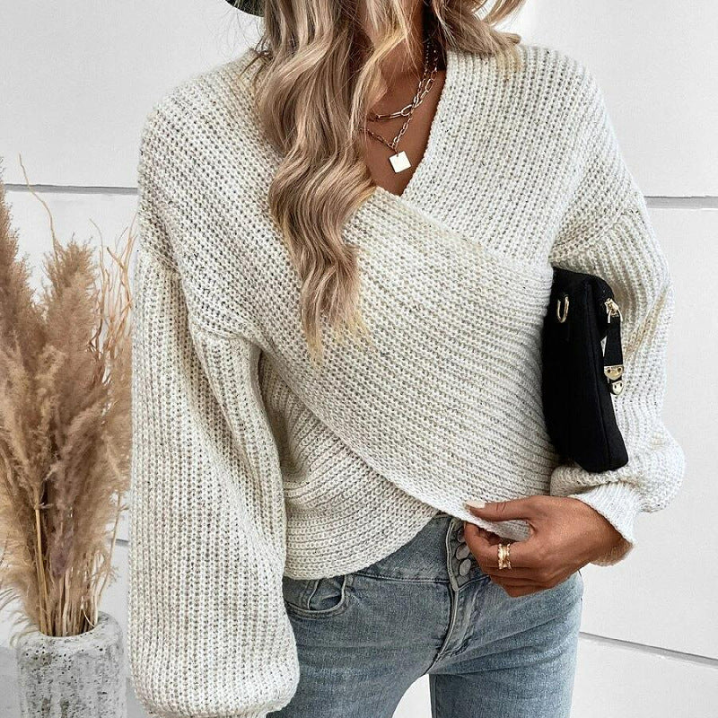 Fashion new sweater women's clothing Amazon temperament cross v-neck loose pullover sweater women