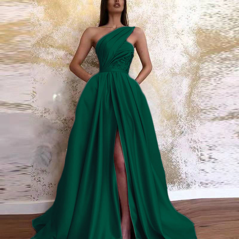 New European and American Amazon sexy split-ended slanted shoulder dress long dress evening dress