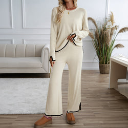 Temperament Casual solid color knitted long-sleeved sweater pants set two-piece set