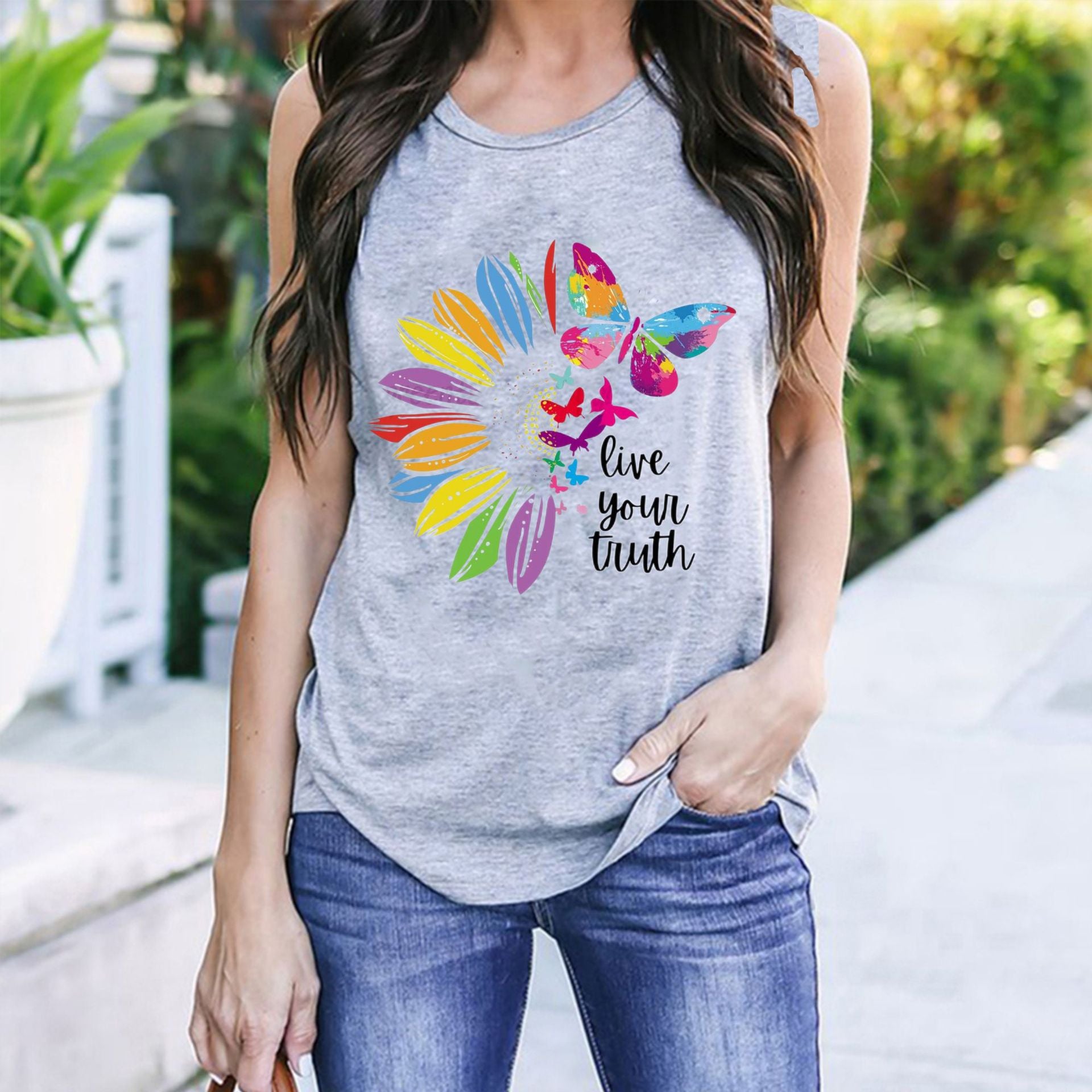 Sunflower Butterfly Pattern Loose Casual Crew Neck Sleeveless Vest