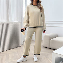 Temperament Casual contrasting color knitted sweater trousers set two-piece set