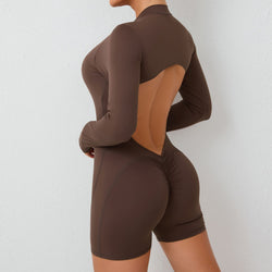 Hollow back half open zipper one-piece suit peach hip sports fitness big back quick drying one-piece yoga suit