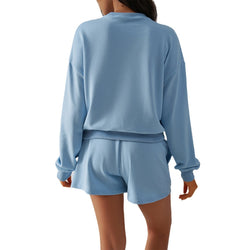 Solid color pullover long-sleeved sweater three-point pants set women's two-piece set